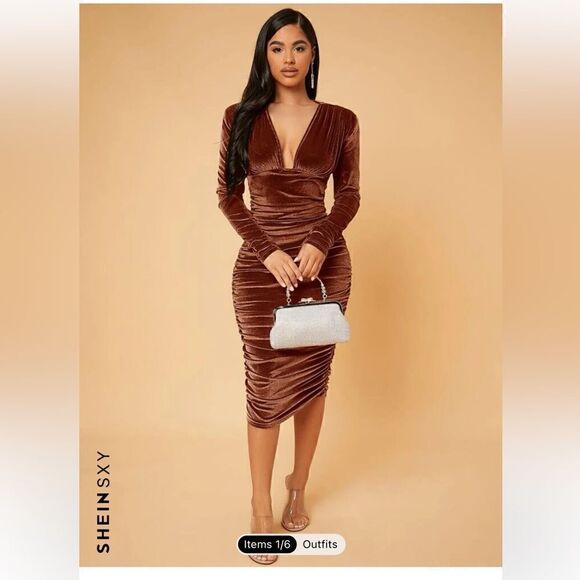 Coffee Brown V Neck Ruched Velvet Bodycon Dress size Medium NWT - Picture 2 of 6